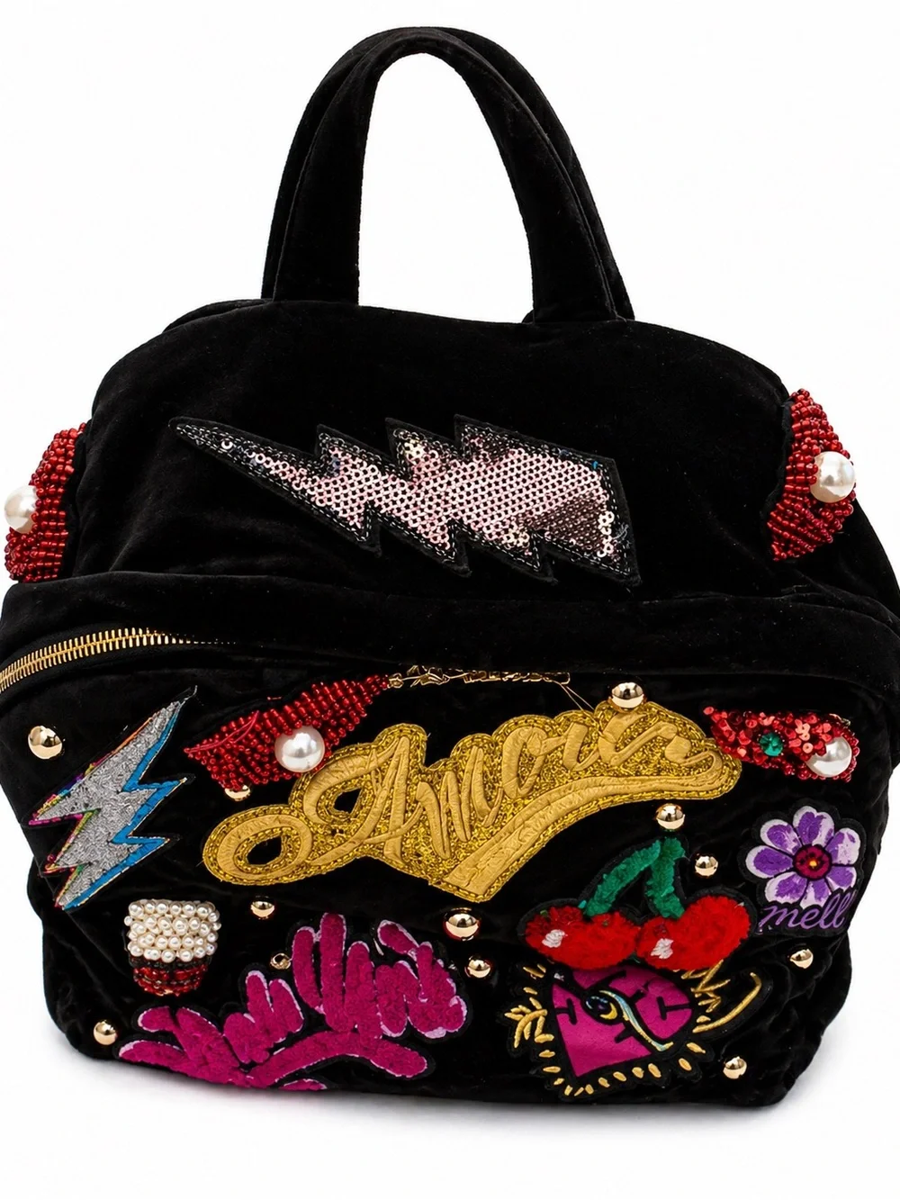 Betsy Johnson Baby’s Got Back Embellished Embroidered Black Velvet Backpack - Picture 5 of 11